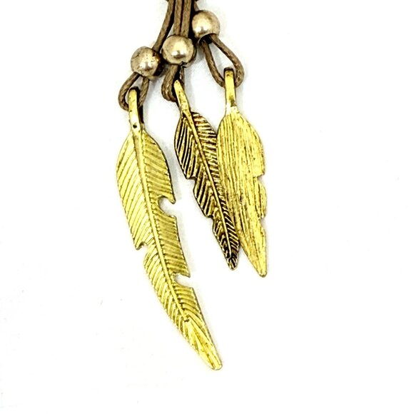 Multistrand Cord Necklace with Gold Tone Feather/Leaf Dangles/Elements - Picture 3 of 5
